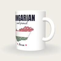 Personalised Hungary Map Mug, Hungarian And Proud, three-quarter view