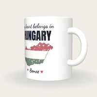 Personalised Hungary Map Mug, My Heart Belongs In Hungary, three-quarter view