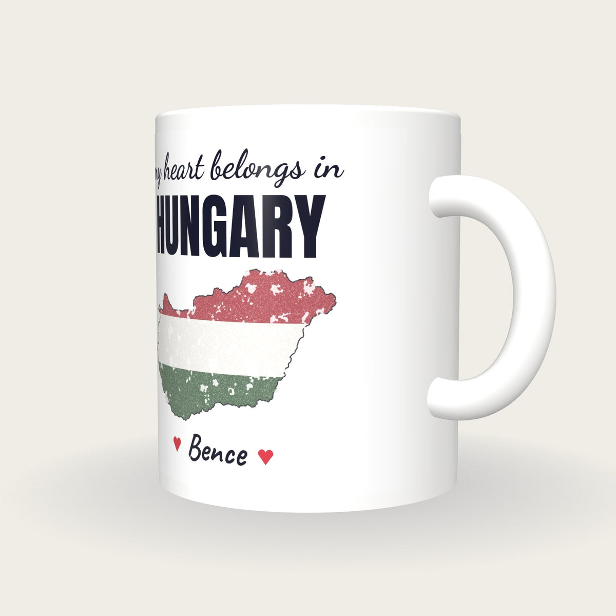 Personalised Hungary Map Mug, My Heart Belongs In Hungary, three-quarter view