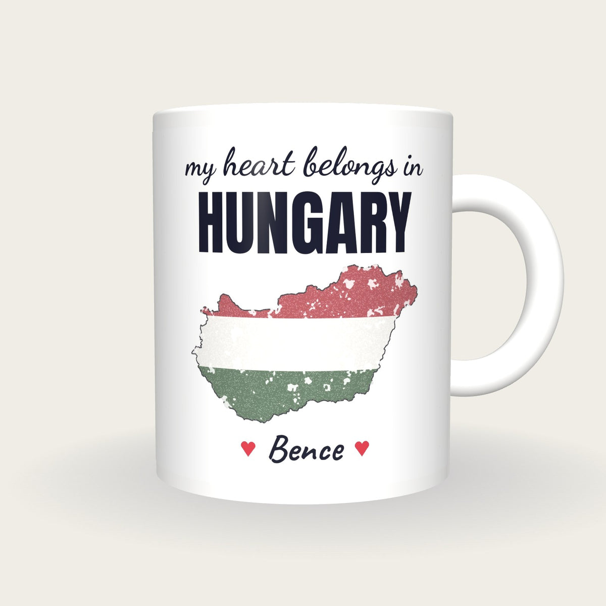 Personalised Hungary Map Mug, My Heart Belongs In Hungary, front
