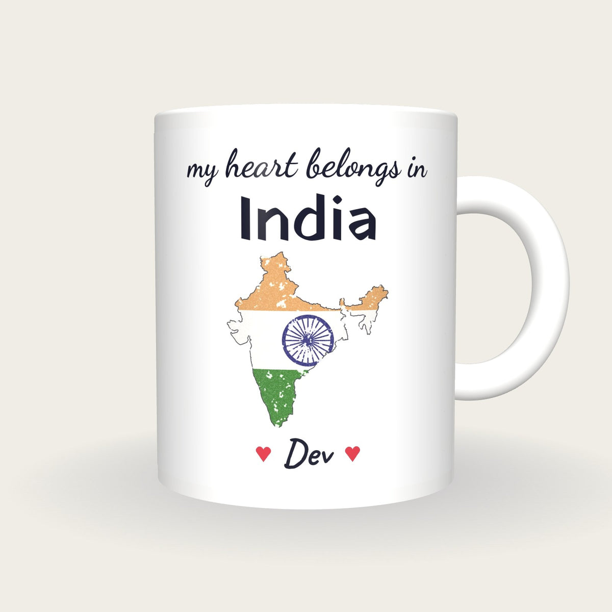 Personalised India Map Mug, My Heart Belongs In India, front