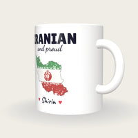 Personalised Iran Map Mug, Iranian And Proud, three-quarter view