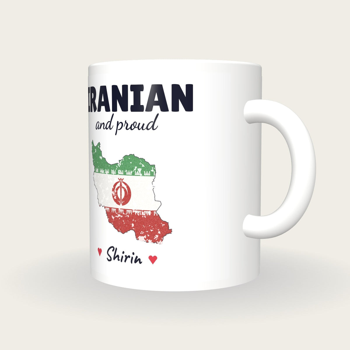 Personalised Iran Map Mug, Iranian And Proud, three-quarter view