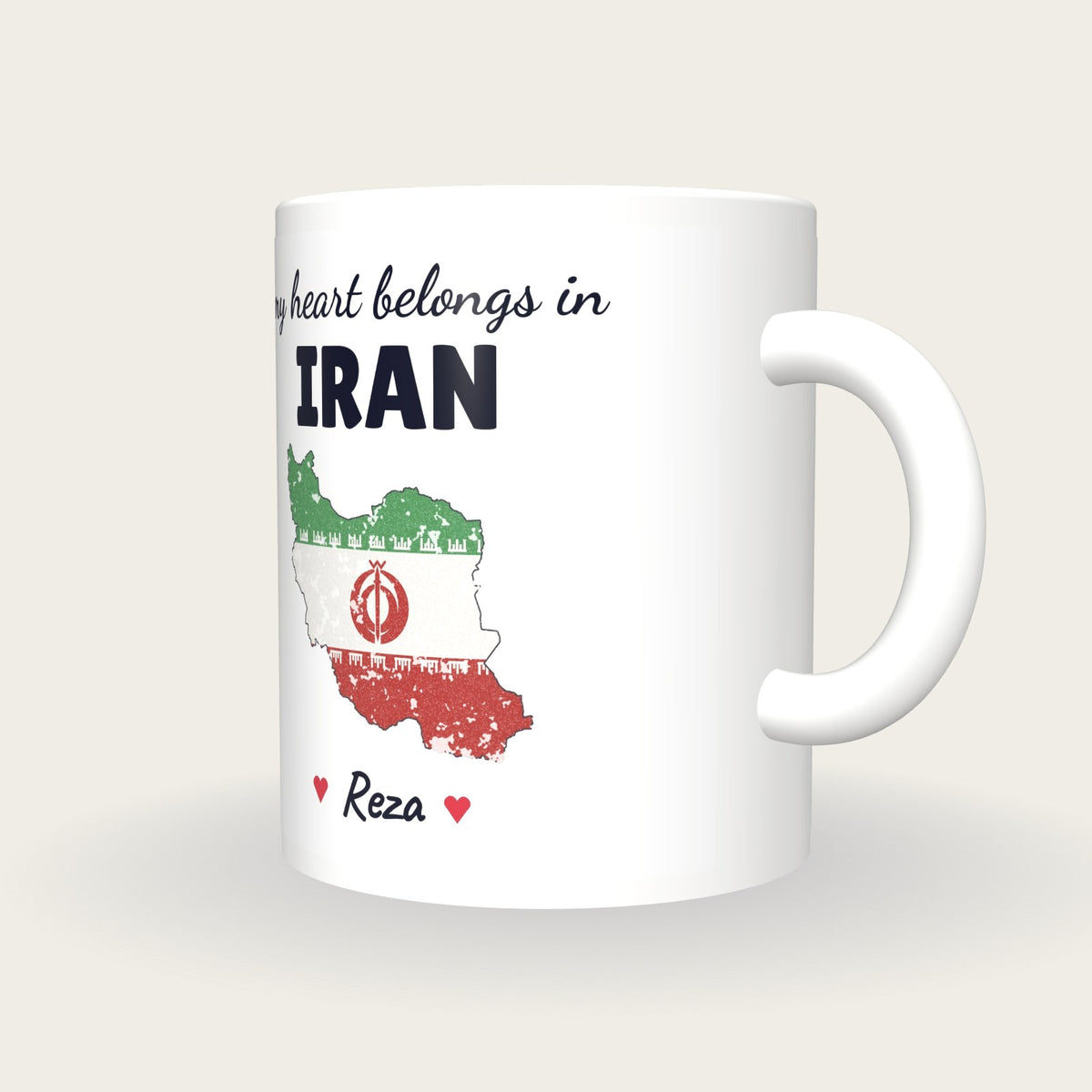 Personalised Iran Map Mug, My Heart Belongs In Iran, three-quarter view