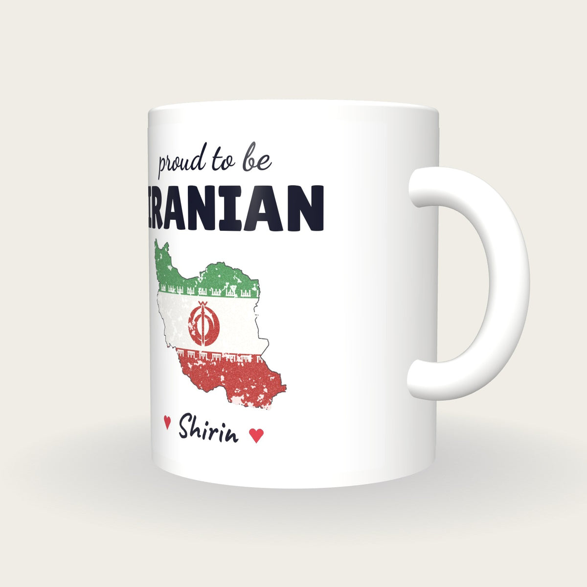 Personalised Iran Map Mug, Proud To Be Iranian, three-quarter view