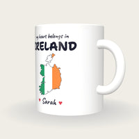 Personalised Ireland Map Mug, My Heart Belongs In Ireland, three-quarter view
