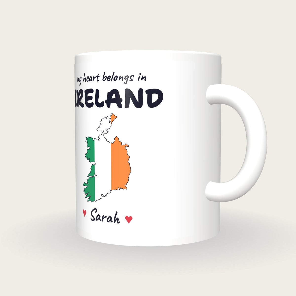 Personalised Ireland Map Mug, My Heart Belongs In Ireland, three-quarter view