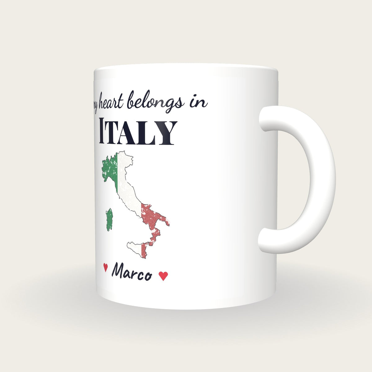 Personalised Italy Map Mug, My Heart Belongs In Italy, three-quarter view