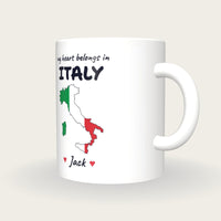 Personalised Italy Map Mug, My Heart Belongs In Italy, three-quarter view