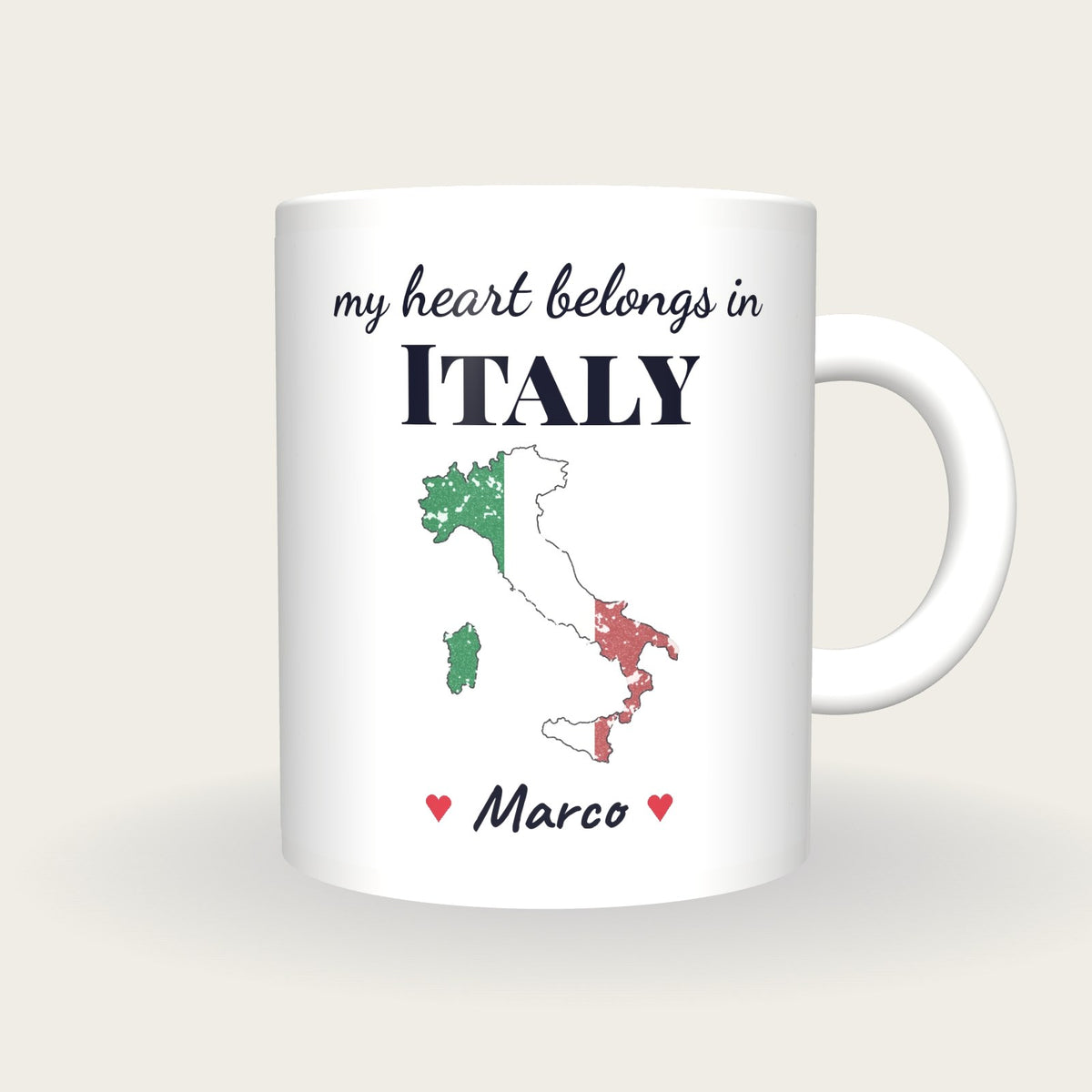 Personalised Italy Map Mug, My Heart Belongs In Italy, front