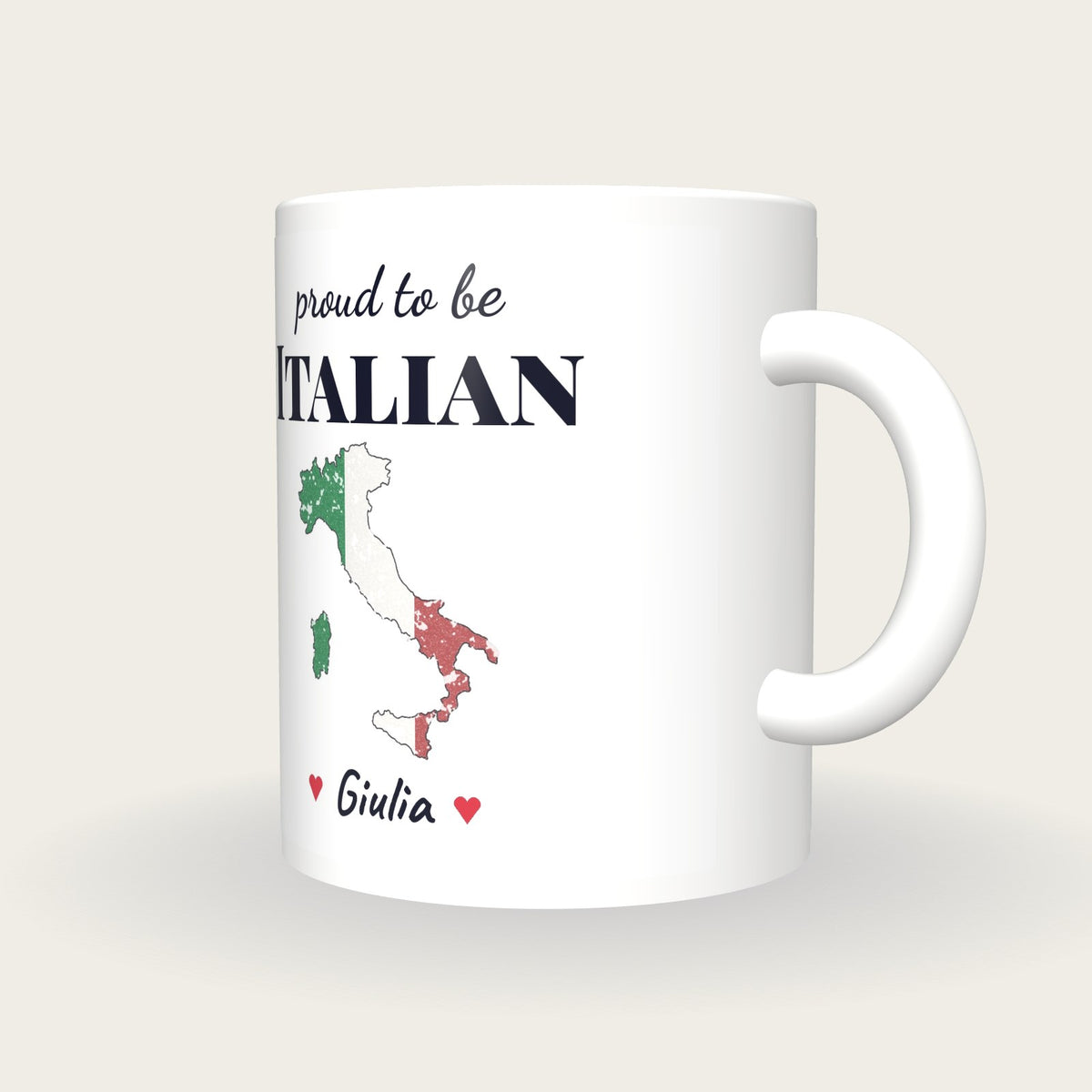 Personalised Italy Map Mug, Proud To Be Italian, three-quarter view