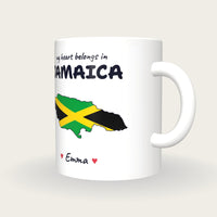 Personalised Jamaica Map Mug, My Heart Belongs In Jamaica, three-quarter view