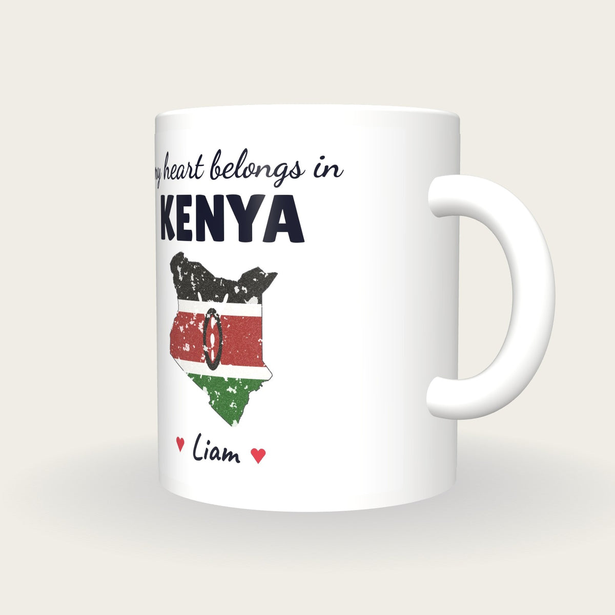 Personalised Kenya Map Mug, My Heart Belongs In Kenya, three-quarter view