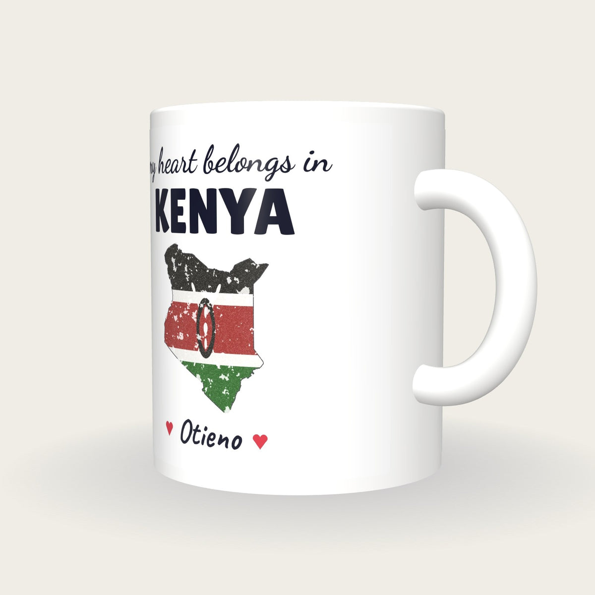Personalised Kenya Map Mug, My Heart Belongs In Kenya, three-quarter view