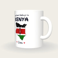 Personalised Kenya Map Mug, My Heart Belongs In Kenya, three-quarter view
