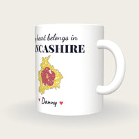 Personalised Lancashire Map Mug, My Heart Belongs In Lancashire, three-quarter view