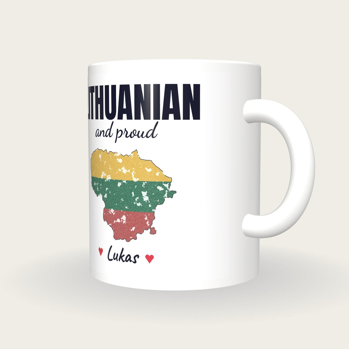 Personalised Lithuania Map Mug, Lithuanian And Proud, three-quarter view