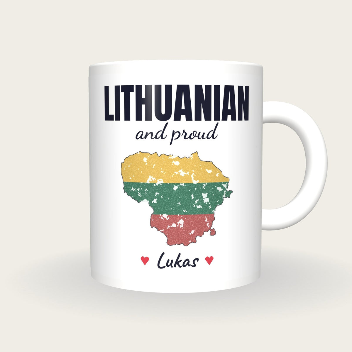 Personalised Lithuania Map Mug, Lithuanian And Proud, front