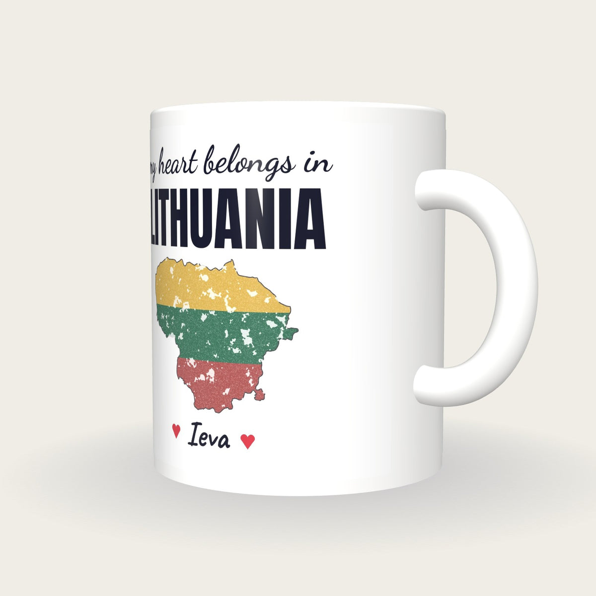 Personalised Lithuania Map Mug, My Heart Belongs In Lithuania, three-quarter view