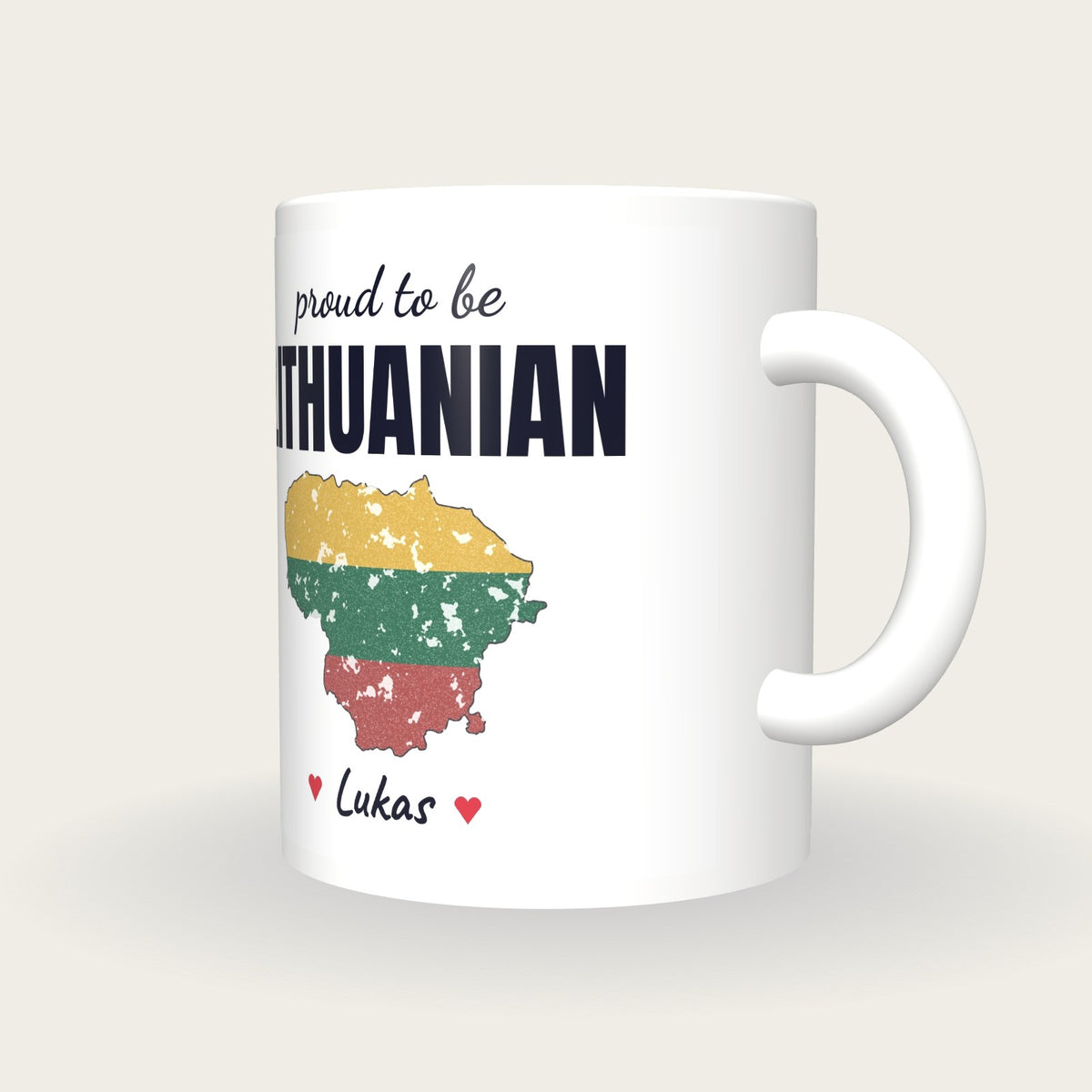 Personalised Lithuania Map Mug, Proud To Be Lithuanian, three-quarter view