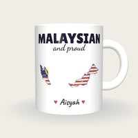 Personalised Malaysia Map Mug, Malaysian And Proud, front