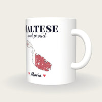 Personalised Malta Map Mug, Maltese And Proud, three-quarter view