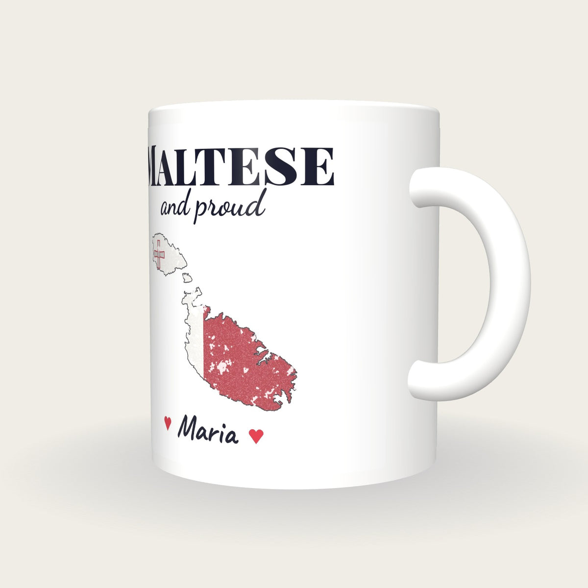 Personalised Malta Map Mug, Maltese And Proud, three-quarter view