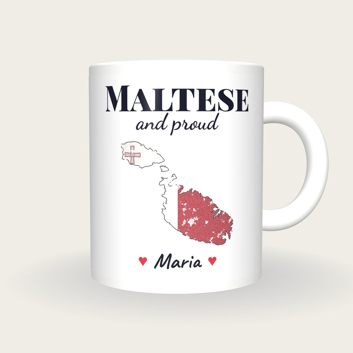 Personalised Malta Map Mug, Maltese And Proud, front