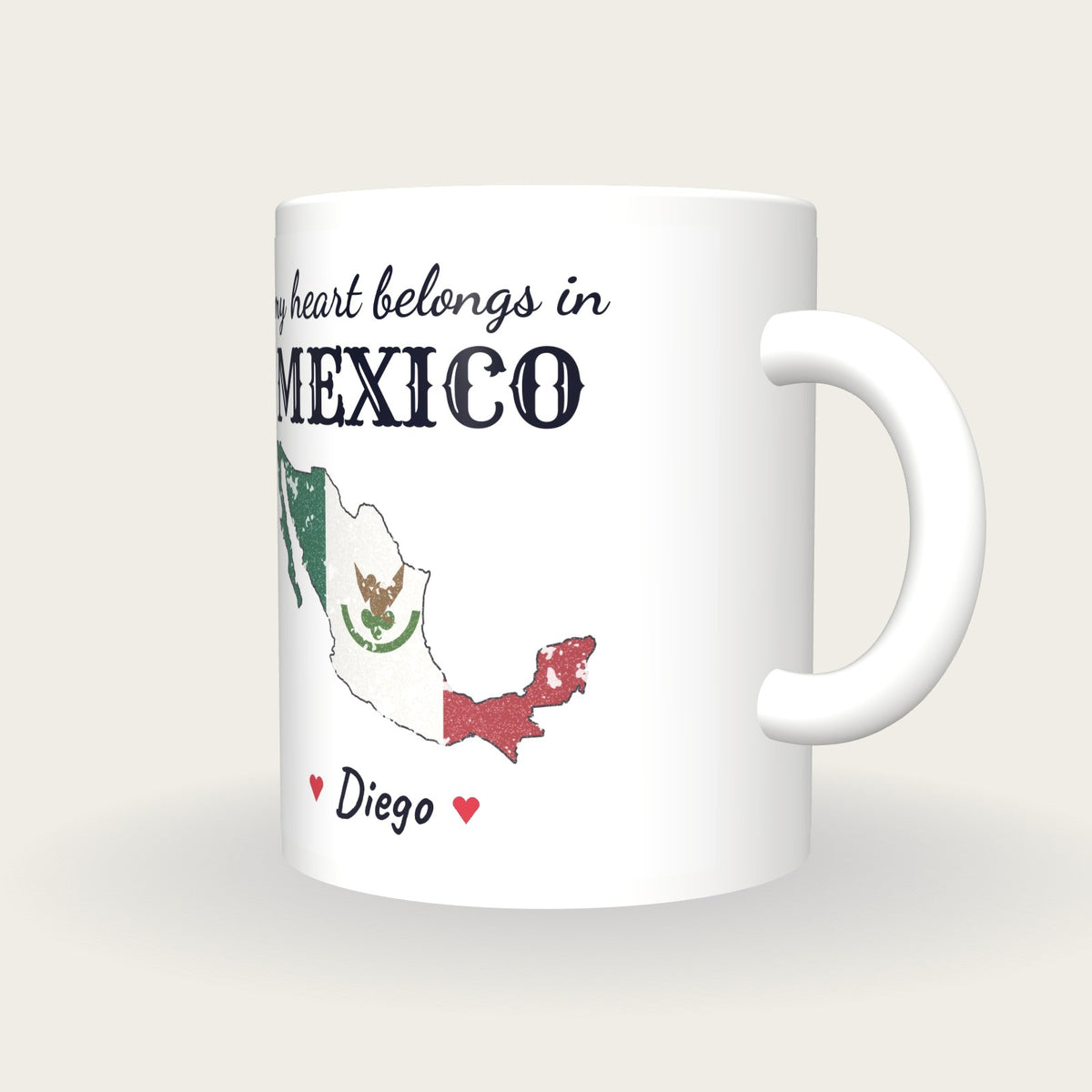Personalised Mexico Map Mug, My Heart Belongs In Mexico, three-quarter view