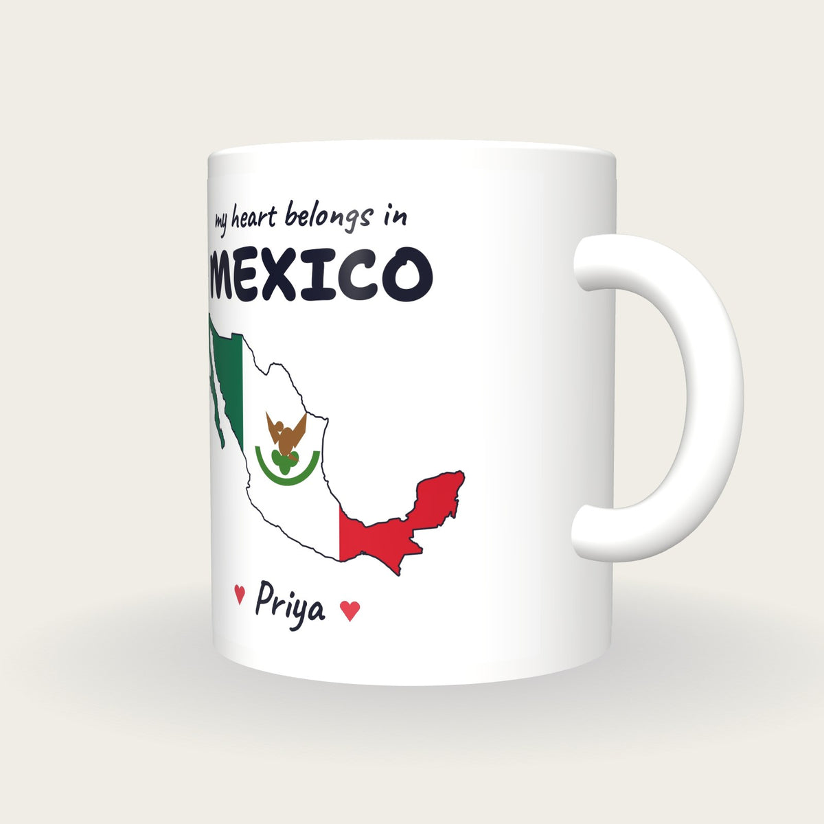 Personalised Mexico Map Mug, My Heart Belongs In Mexico, three-quarter view