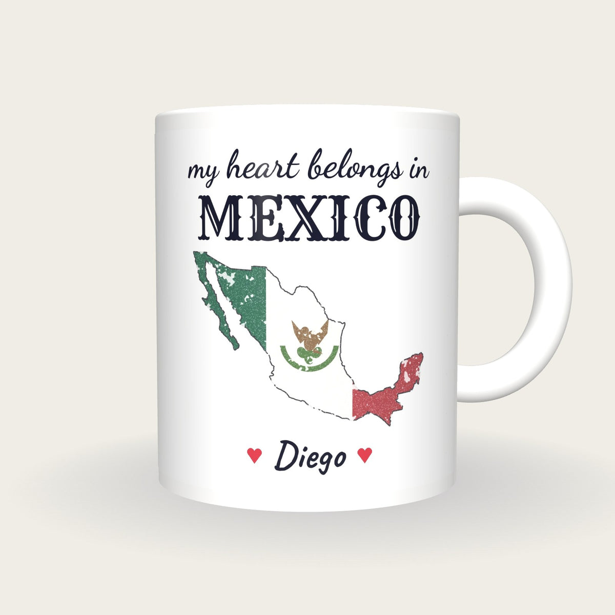 Personalised Mexico Map Mug, My Heart Belongs In Mexico, front