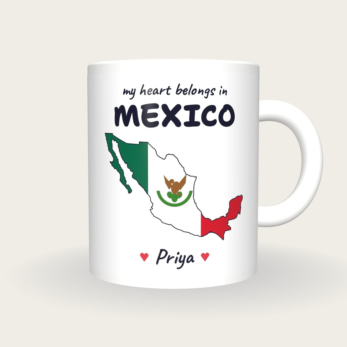 Personalised Mexico Map Mug, My Heart Belongs In Mexico, front