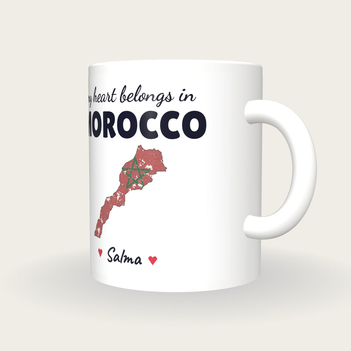 Personalised Morocco Map Mug, My Heart Belongs In Morocco, three-quarter view