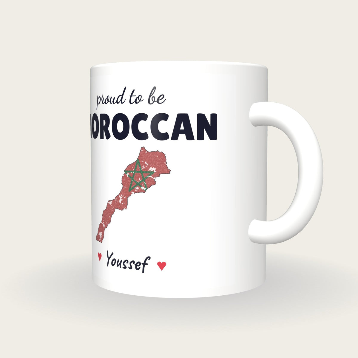 Personalised Morocco Map Mug, Proud To Be Moroccan, three-quarter view