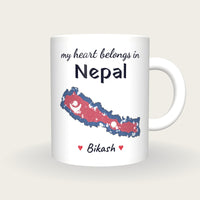 Personalised Nepal Map Mug, My Heart Belongs In Nepal, front