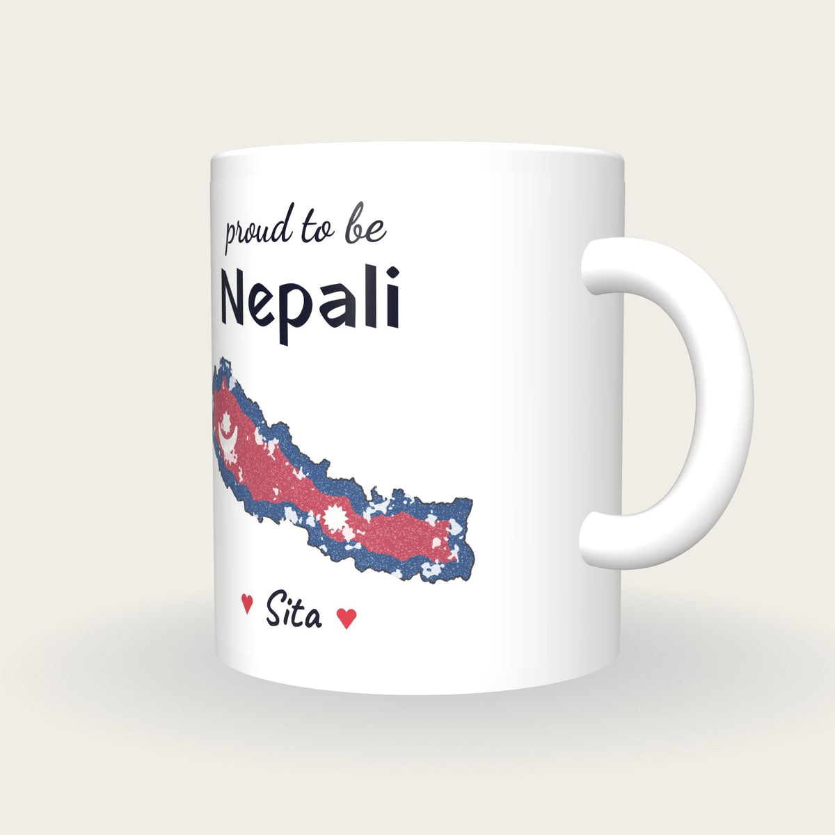 Personalised Nepal Map Mug, Proud To Be Nepali, three-quarter view