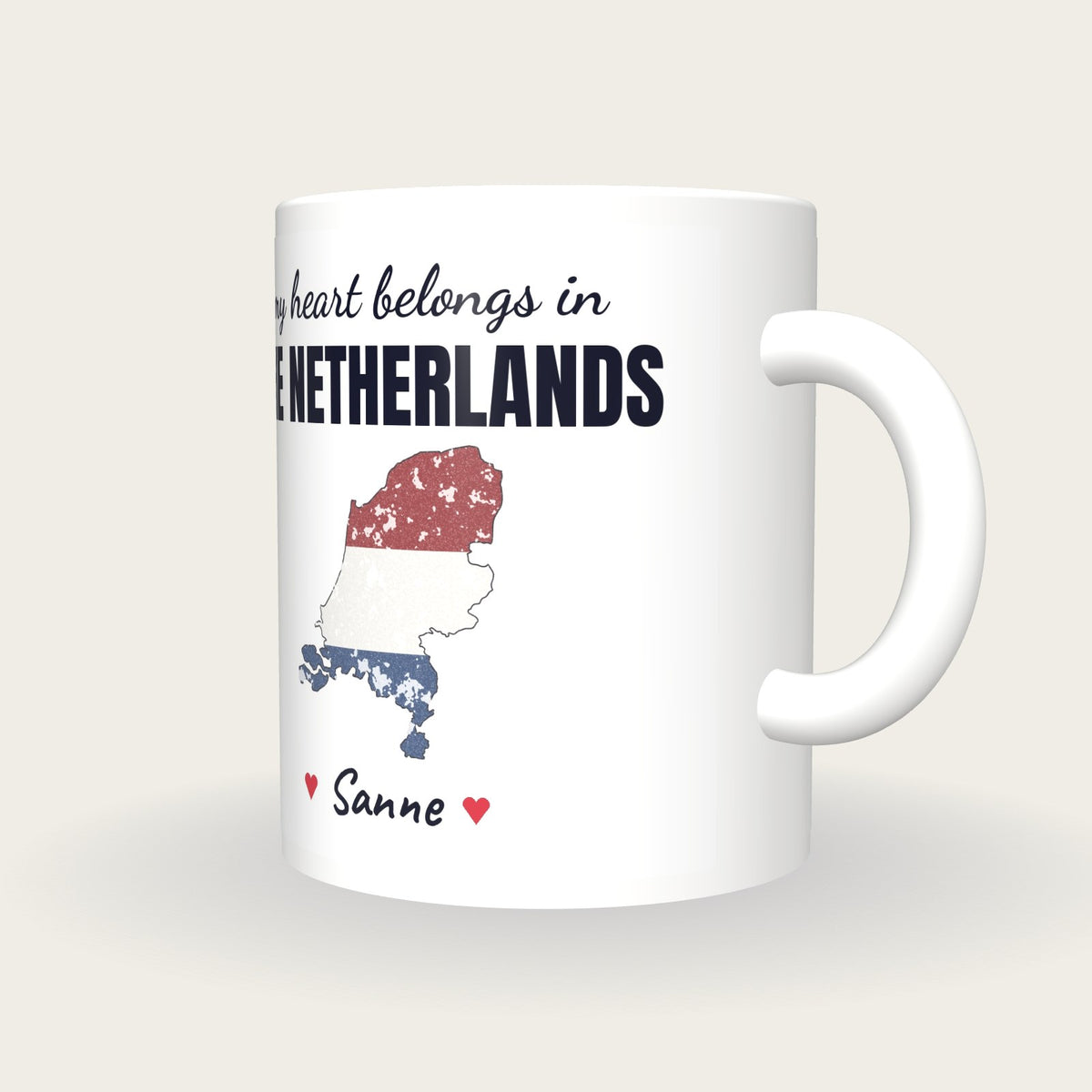 Personalised Netherlands Map Mug, My Heart Belongs In The Netherlands, three-quarter view