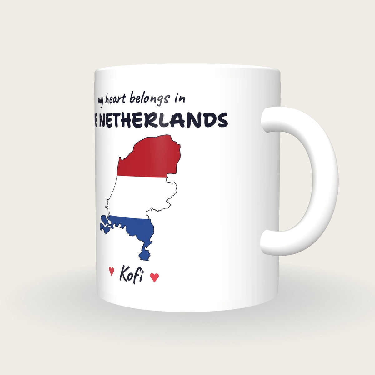 Personalised Netherlands Map Mug, My Heart Belongs In The Netherlands, three-quarter view