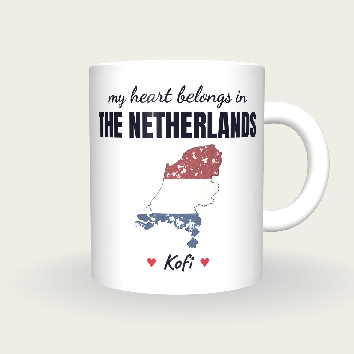 Personalised Netherlands Map Mug, My Heart Belongs In The Netherlands, front