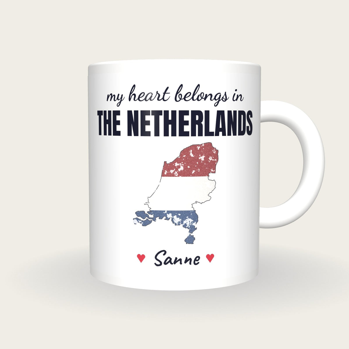 Personalised Netherlands Map Mug, My Heart Belongs In The Netherlands, front