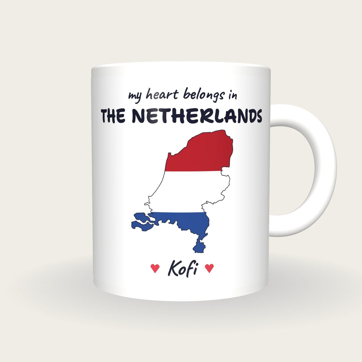 Personalised Netherlands Map Mug, My Heart Belongs In The Netherlands, front