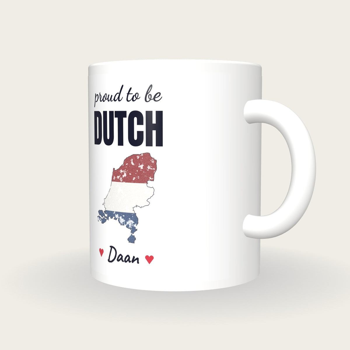 Personalised Netherlands Map Mug, Proud To Be Dutch, three-quarter view
