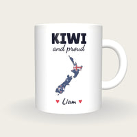 Personalised New Zealand Map Mug, Kiwi And Proud, front