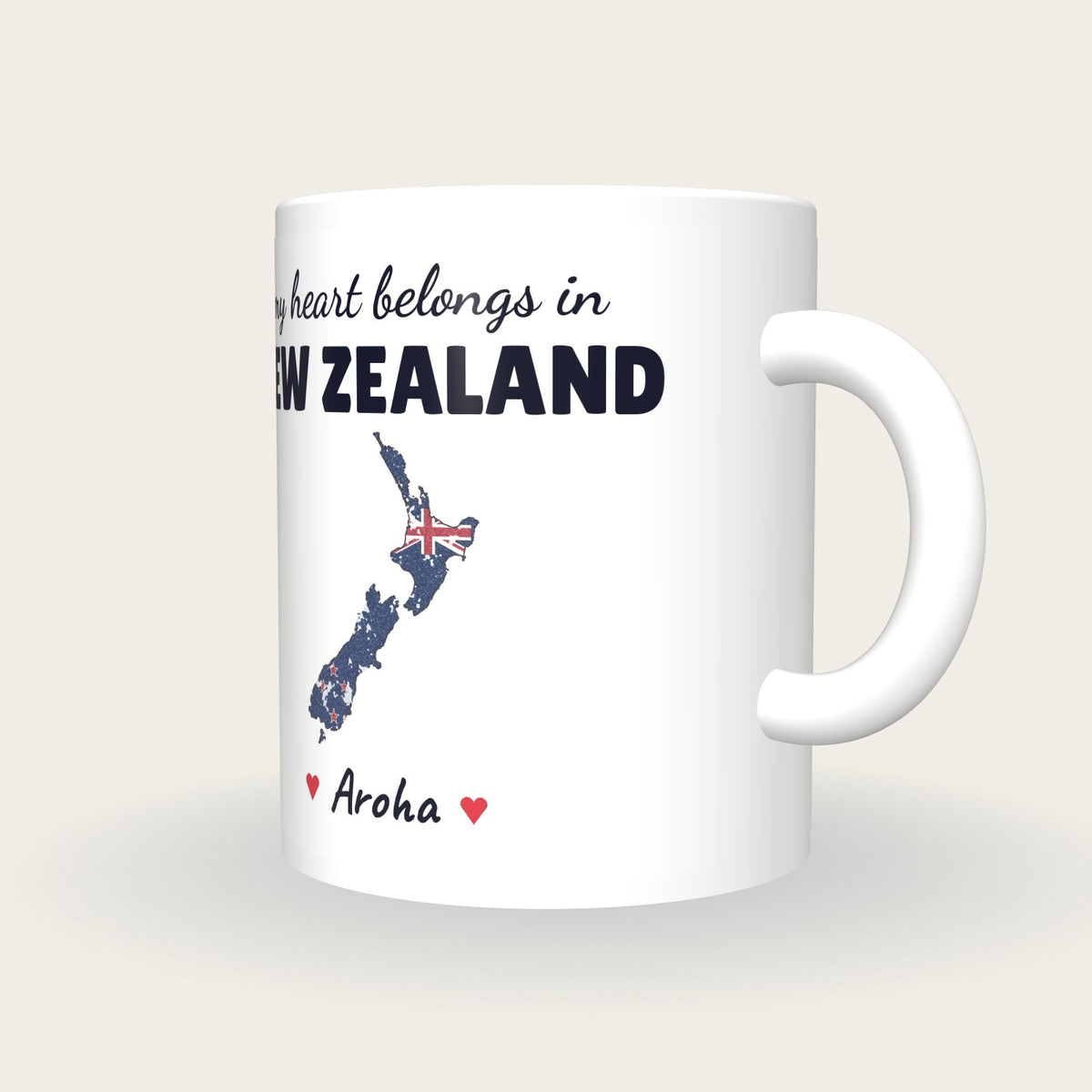 Personalised New Zealand Map Mug, My Heart Belongs In New Zealand, three-quarter view