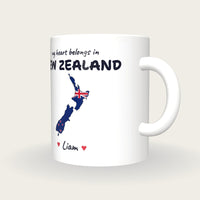 Personalised New Zealand Map Mug, My Heart Belongs In New Zealand, three-quarter view