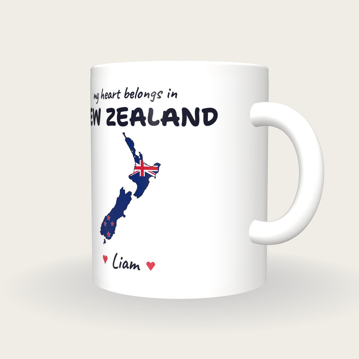 Personalised New Zealand Map Mug, My Heart Belongs In New Zealand, three-quarter view