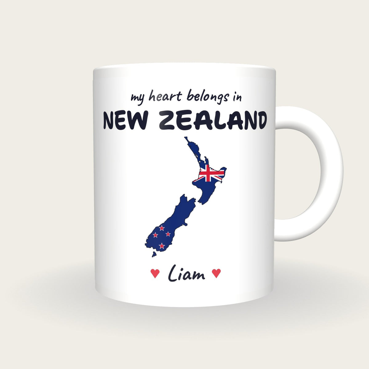 Personalised New Zealand Map Mug, My Heart Belongs In New Zealand, front