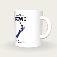 Personalised New Zealand Map Mug, Proud To Be Kiwi, three-quarter view