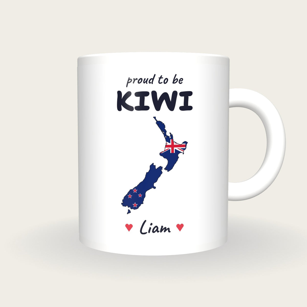 Personalised New Zealand Map Mug, Proud To Be Kiwi, front