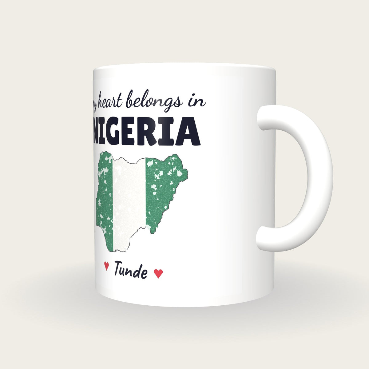 Personalised Nigeria Map Mug, My Heart Belongs In Nigeria, three-quarter view